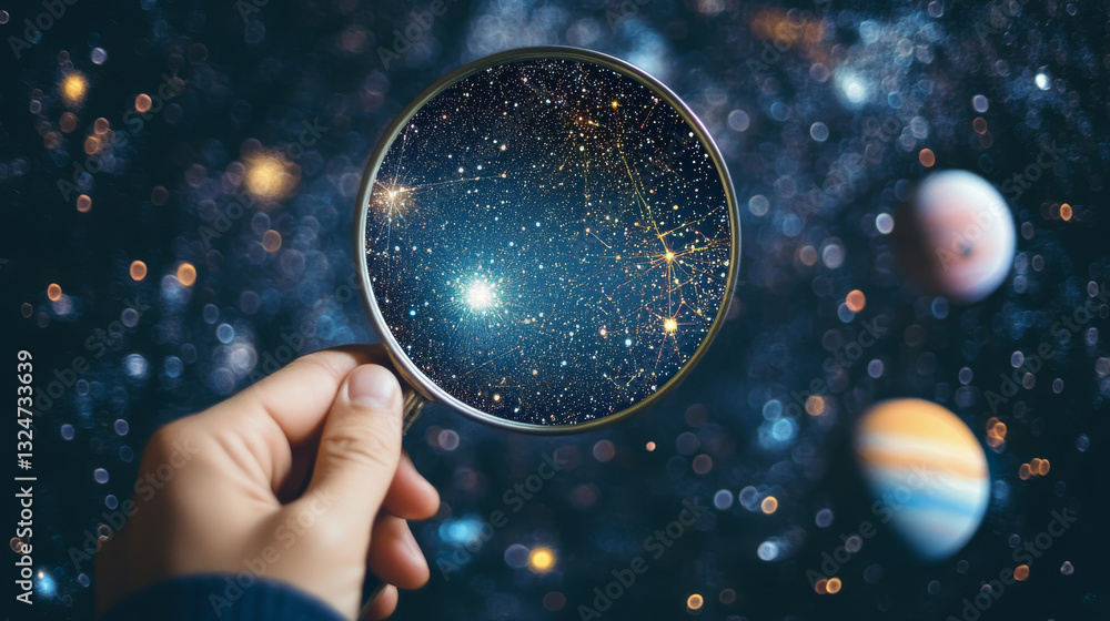 Poster abstract image of a magnifier on hand in the form of a starry sky or space, consisting of points, li