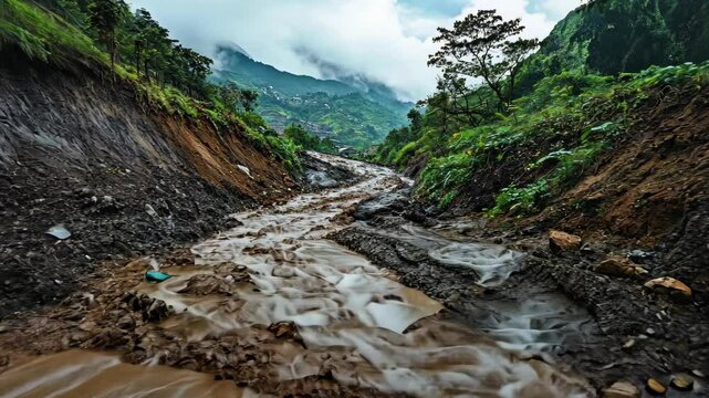 Landslide with rockfall in the mountains. Dust cloud in the air. Concept of natural disaster. Dangerous area with landslide and mudflow threat. Theme of environmental geology.