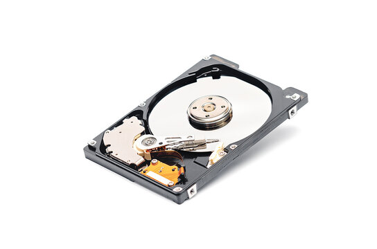 Open hard disk drive with platter on white background