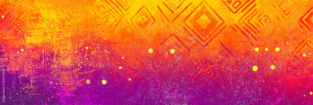 Poster This creation showcases a vivid abstract design featuring geometric patterns and a blend of warm colors, including orange, purple, and yellow, enhancing visual appeal