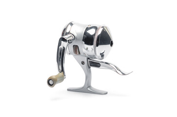 Fishing spinning reel with silver body on white base