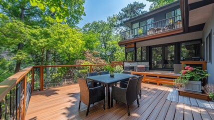 A modern home with a beautiful deck overlooking green trees