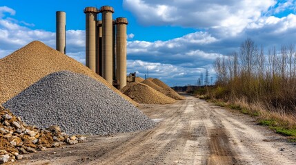 Industrial landscape featuring gravel piles and silos under a blue sky with clouds