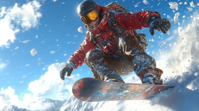 Dynamic snowboarding action shot of a rider soaring against clear blue skies