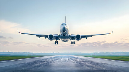 Fototapeta premium Airplane taking off from runway on an overcast day with illuminated lights and visible city skyline