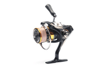Black spinning reel with gold spool on white backdrop