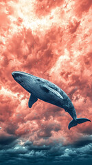 Whale's Aerial Voyage: A majestic whale soars through a surreal, dynamic sky, its massive form contrasting with the vibrant hues of clouds.
