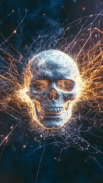 Eternal Spark: A haunting skull, radiating with ethereal sparks against a dark, enigmatic backdrop.