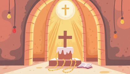 Rosary beads on altar with gentle lighting, comforting symbolism