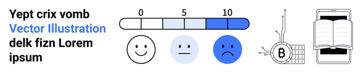 Emotion scale from 0-10 with three emotion faces happy, neutral, sad , Bitcoin symbol with circuit, book open on mobile screen, blue gradient fill. Ideal for educational content, cryptocurrency