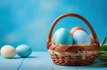 Easter eggs in a basket, the basket stands on a blue wooden platform, eggs lie nearby, blue background, space for text