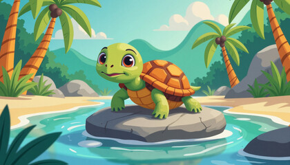 Cute turtle lounging on round stone in tropical paradise, playful joy