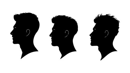 A series of human male head profiles in black shadow silhouette, representing different hairstyles