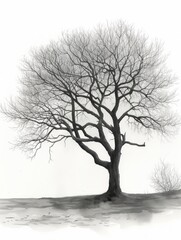 Beautiful Autumn Tree with Large Crown without Leaves on White Background Watercolor Monochrome Drawing