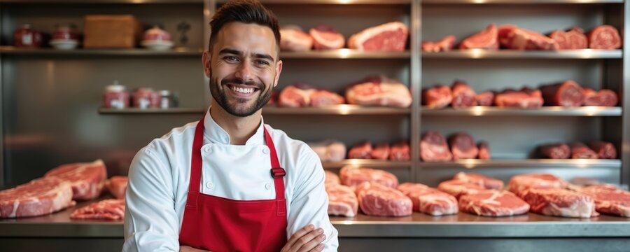 Portrait of young smiling bearded butcher in red apron standing near counter with variety of fresh raw meat cuts. Pro meat seller smiles in shop, advertises service quality. Men at work.