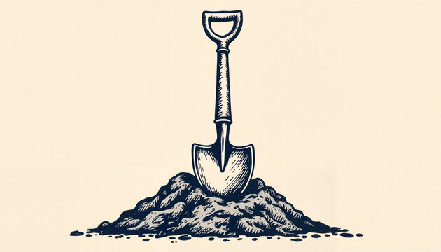 Vintage sketch of shovel in soil, monochrome art concept