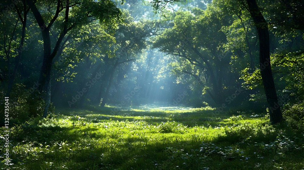 Poster sunlit forest path through lush green trees with rays of sunshine and ethereal atmosphere