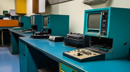Vintage office setup featuring retro computers and printers in a nostalgic workspace environment