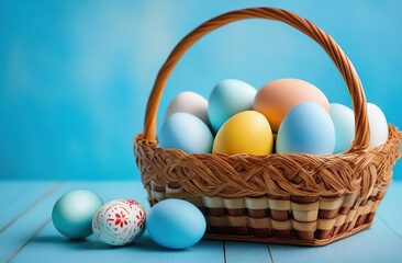  Easter painted eggs in a wooden basket, the basket stands on a blue wooden platform, blue background