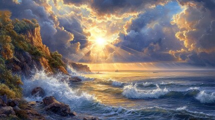 Coastal Sunrise, Dramatic Waves, Cliffs