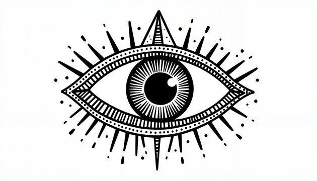 Bold black ink third eye illustration with sacred geometry, spiritual symbolism