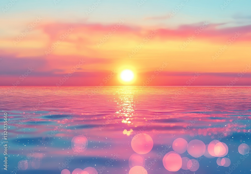 Poster vibrant sunset over calm ocean waves with reflection and soft color gradients in the sky creating a 