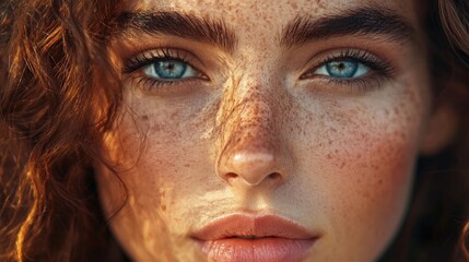 Fototapeta premium A young woman is illuminated by warm, golden hour sunlight, showcasing her vibrant blue eyes and prominent freckles against a softly blurred background