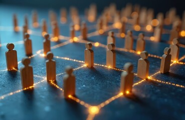 Network of wooden figures connected by glowing lines communication, collaboration. Intertwined structure evokes sense of unity, teamwork, shared purpose. Concept for business, tech, community