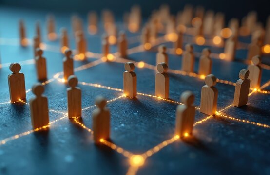 Network of wooden figures connected by glowing lines communication, collaboration. Intertwined structure evokes sense of unity, teamwork, shared purpose. Concept for business, tech, community