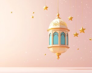 A beautifully designed hanging lantern with intricate golden details and blue glass panels, glowing softly against a pastel background.