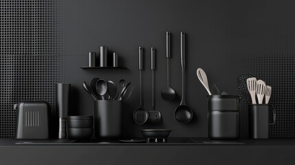 Elegant monochrome kitchen utensil setup with subtle textures and gradients.