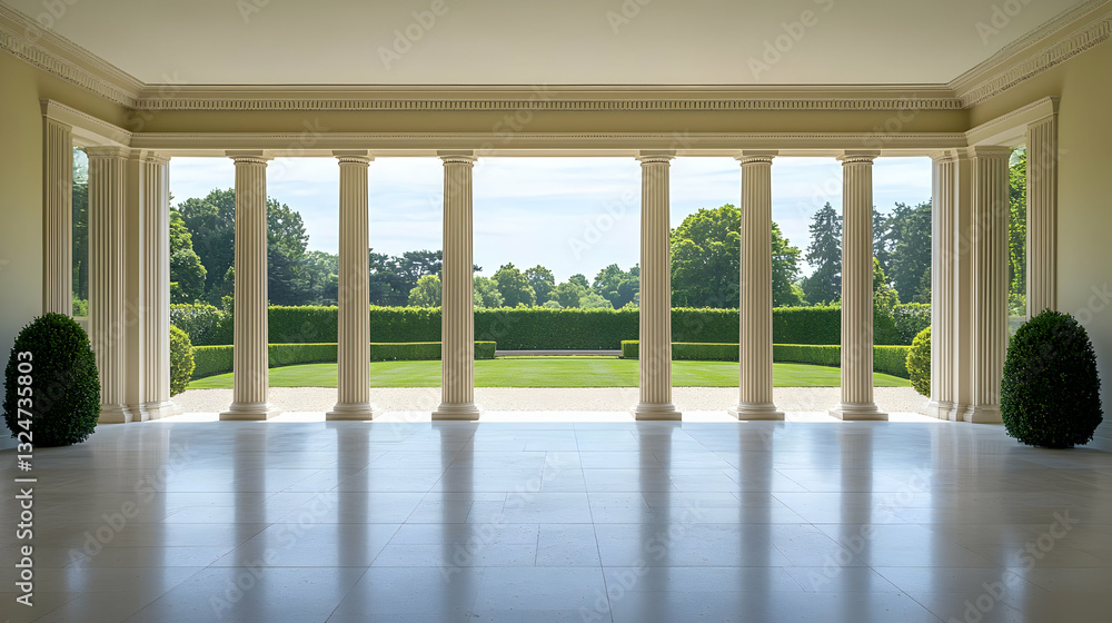 Poster classical architecture with columns framing a tranquil garden view on a bright sunny day