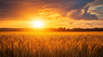 Obraz premium A beautiful sunset over a golden field of growing wheat