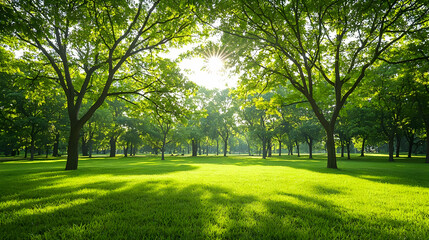 Lush Green Park Landscape Under Sunlight Through Tree Canopy Creating Shady Areas and Bright Rays