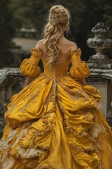 Beautiful Blonde Lady Running in Gardens with Large Yellow Dress from Behind