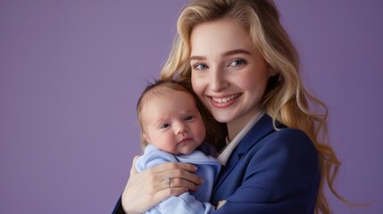 Beautiful Blonde Mother Holding Cute Newborn Baby Smiling with Softbox Lighting on Purple Background