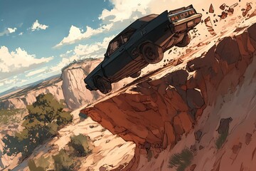 car drives off a cliff, vintage, illustration, grand canyon 