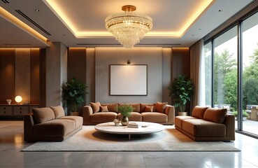 Fototapeta premium Luxurious living room features elegant brown furniture, sparkling chandelier. Cozy sofas, armchairs, stylish coffee table on carpet. Roomy space with lighting, decoration. Modern, classic interior