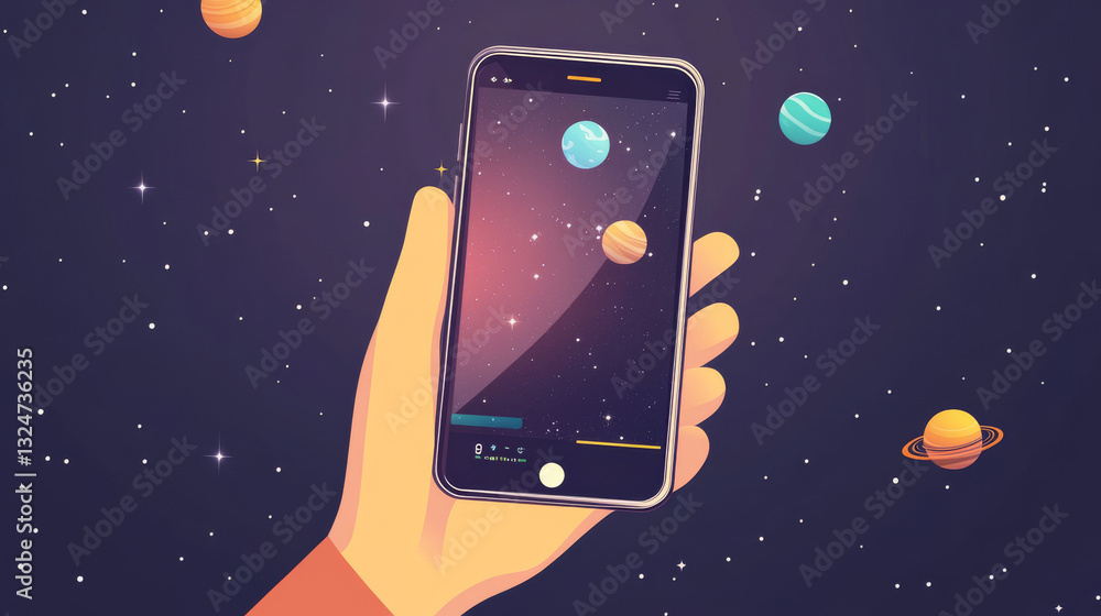 Poster abstract image of a smartphone in hand in the form of a starry sky or space, consisting of points, l