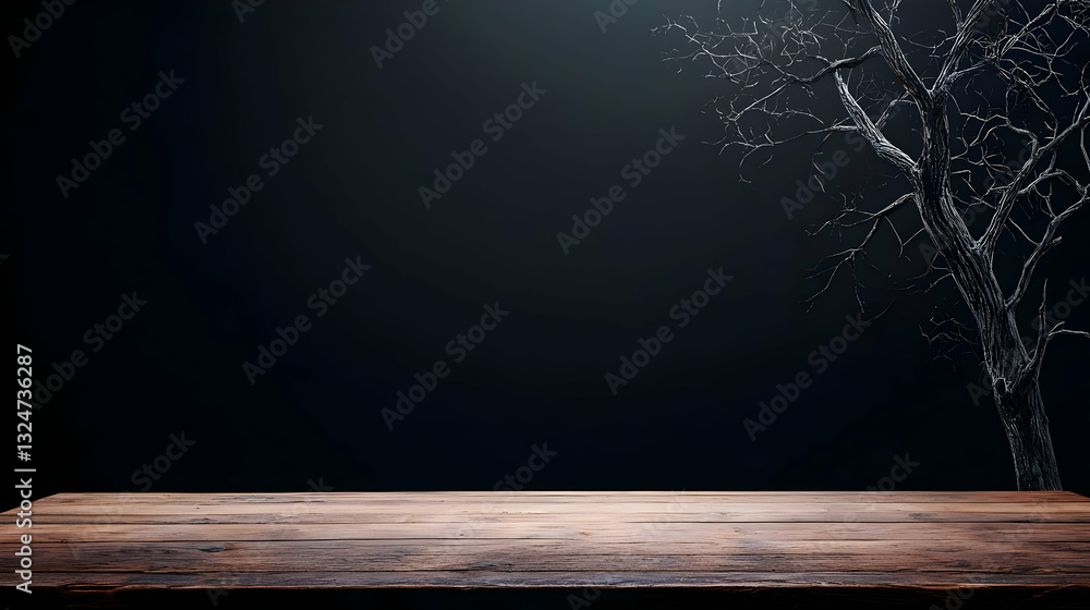 Poster empty rustic wooden table top against a dark background with a spotlight effect ideal for product di