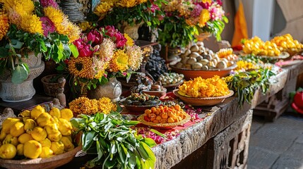 Colorful array of offerings placed upon an ornate wooden surface