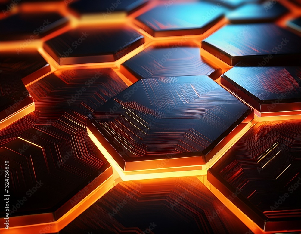Poster close up view of hexagonal pattern with glowing edges creating modern and dynamic texture warm light
