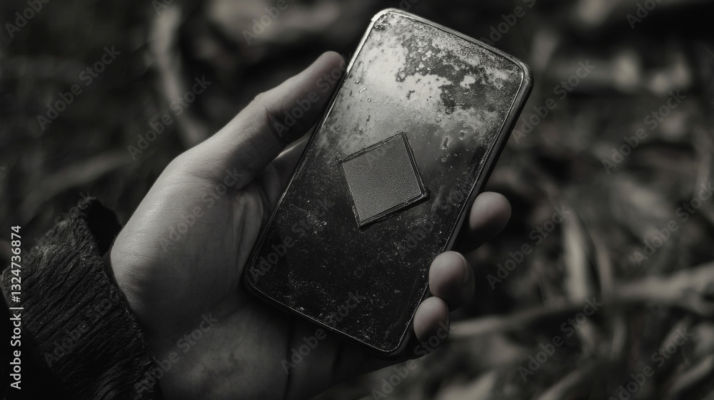 Poster shield and phone in a hand. abstract low-poly wireframe vector technology illustration. device scree