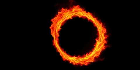 Fiery orange and red ring of fire, intensely glowing against a pure black backdrop, burning, contrast