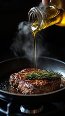 Sizzling steak seasoned with rosemary, glistening with olive oil. A culinary masterpiece.