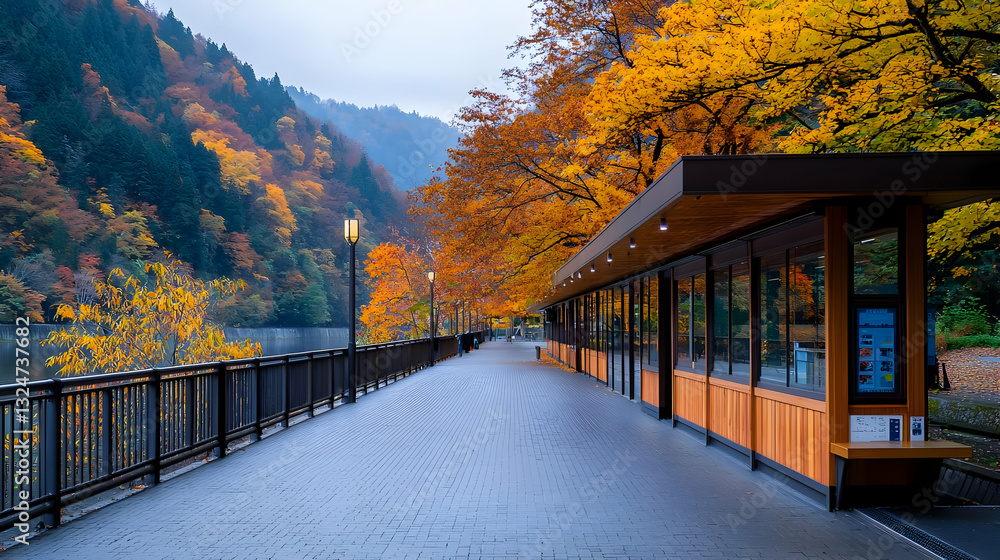 Aufkleber autumnal scene of a riverside path lined with trees in fall colors under a cloudy sky