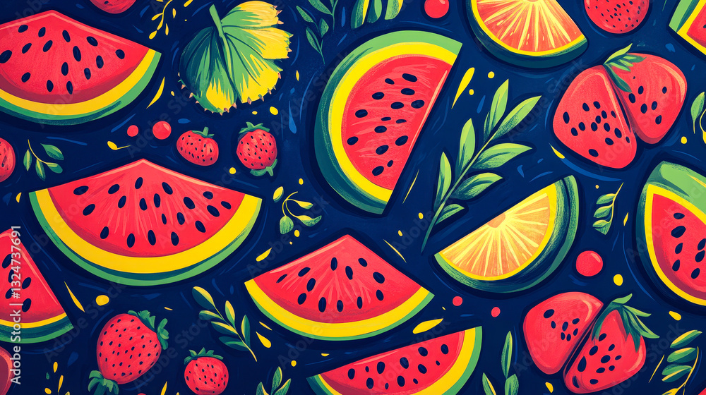 Aufkleber brightly colored slices of watermelon and strawberries are scattered on a dark background, creating 