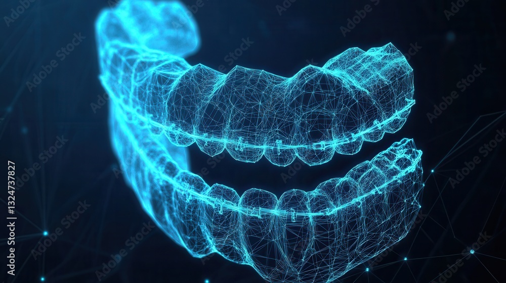 Poster high-tech 3d wireframe model of a dental arch with braces showcasing glowing lines in a blue-on-blac