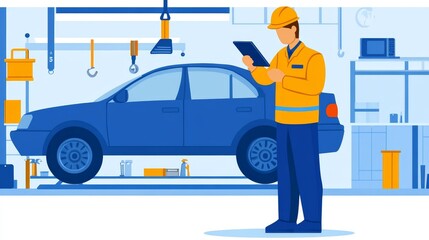 Mechanic inspecting a car in a well-equipped garage with tool and equipment visible