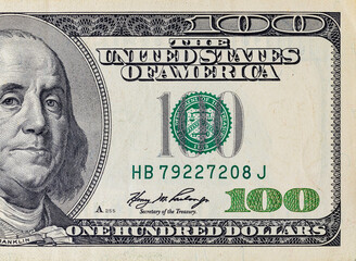 Fragment of a 100 dollar bill for design purposes. Money of the United States of America.